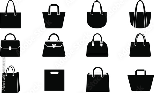 Handbag icon set, black silhouette styles including tote, satchel, shoulder, and shopping bags - flat vector illustration
