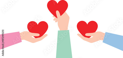 Hands holding hearts, love care illustration, generosity giving artwork, charity support graphic, kindness symbol design, emotional wellness art, flat vector illustration