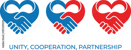 Handshake heart icons for unity, cooperation, partnership, symbolic teamwork concept, red and blue variants, flat vector illustration