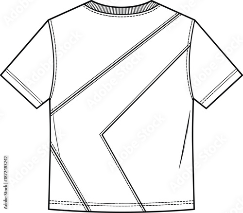 Back view short sleeve T-shirt sketch, crew neck with geometric seam design, fashion construction detail, flat vector illustration