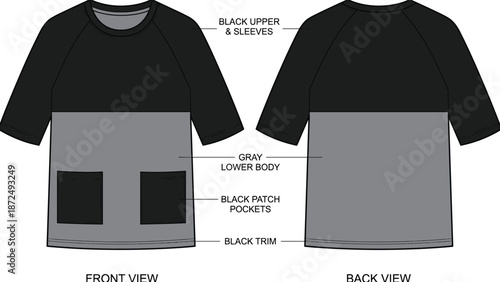 Black and gray color block shirt design, front and back view, fashion schematic, garment layout, flat vector illustration