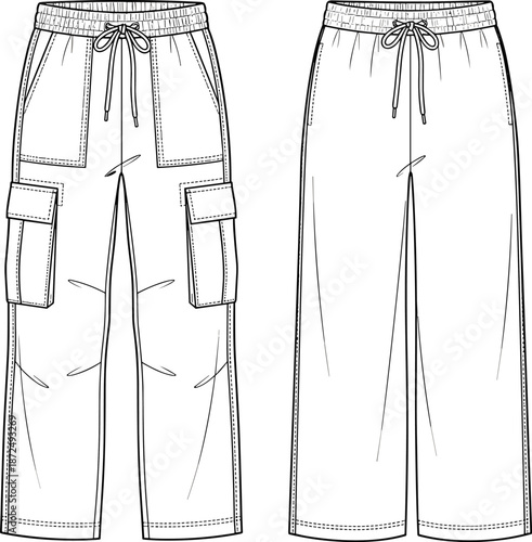 Cargo pants and wide-leg pants sketch, front view comparison, drawstring waist, fashion design template, flat vector illustration