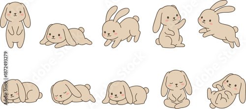 Cartoon bunny character set, cute poses and expressions, playful animal icons for kids and design - flat vector illustration