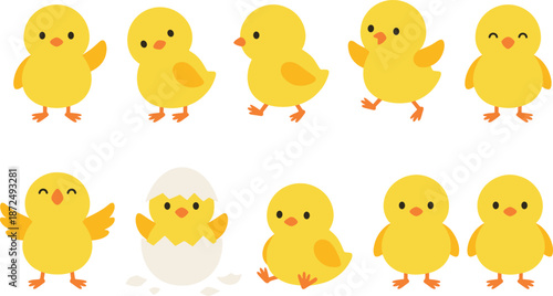 Cartoon chick character set, cute yellow baby birds in playful poses and emotions for kids - flat vector illustration