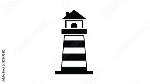 Simple black and white illustration of a classic lighthouse with striped tower structure