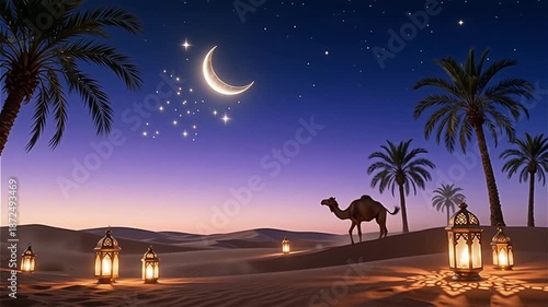 Arabian Nights Reverie — Crescent Moon Mosque Lanterns and Stars, Islamic Festival Enchantment, Ramadan Eid Magical Beauty