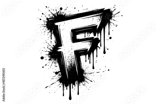 Bold grunge dripping letter f with splatter effects in black ink