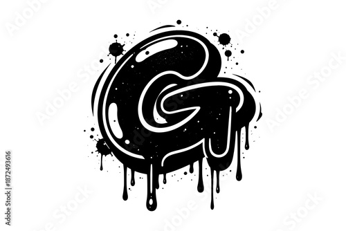 Glossy dripping graffiti style black letter g with ink splatter on white background