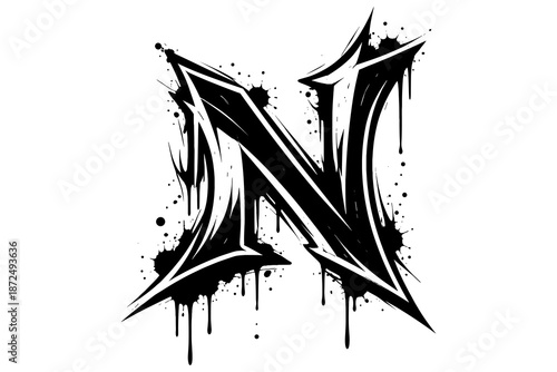 Grunge gothic letter n with dripping ink and splatter effects for urban art designs
