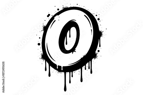 Dripping graffiti style letter o with grunge texture and paint splatter effect