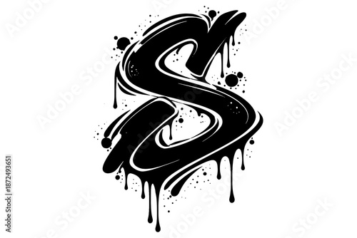 Dripping graffiti style letter s with splatter ink effects