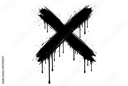 Grunge dripping black x paintbrush design with splatter effect
