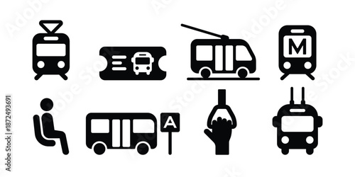 Minimalist Public Transit Icon Set - Black Vector Urban Commuter and City Transport Symbols