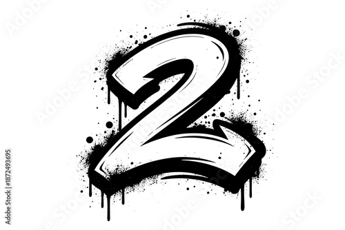 Graffiti style dripping number two with bold black and white street art effect