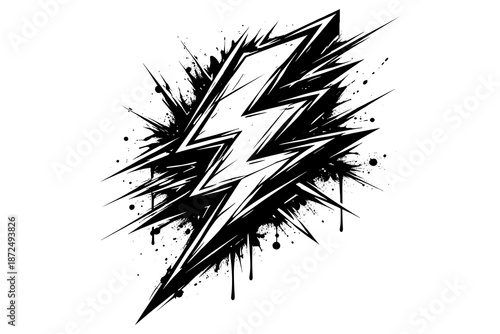 Bold black and white lightning bolt with grunge splatter design