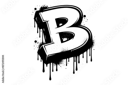 Grunge dripping letter b with bold 3d graffiti style on white background