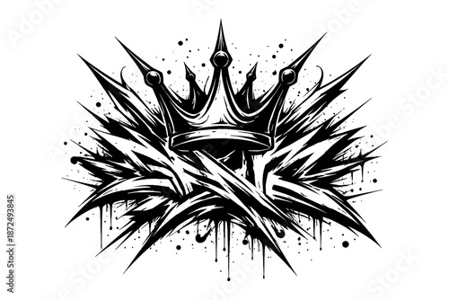 Graffiti art with crown and spikes: bold black and white urban street style