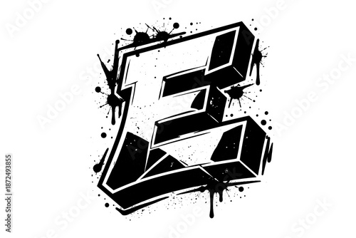 3d graffiti letter e with ink splatter in black and white graphic art