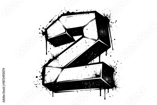 Grunge 3d number two with ink splatter effect on white background