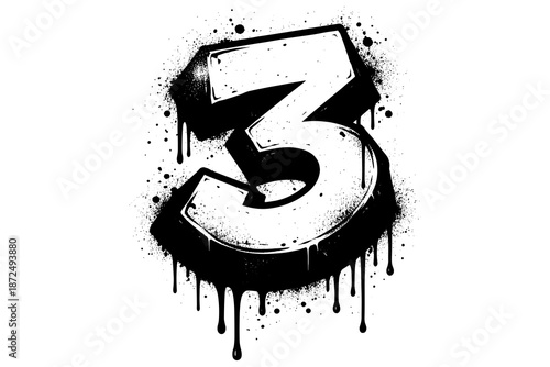 Grunge dripping number three with splatter effect on white background