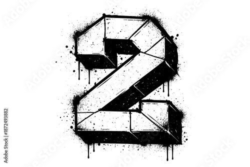 Grunge 3d number two with splatter effect on white background