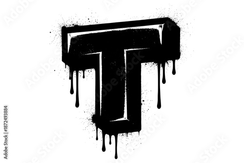 Dripping graffiti style 3d letter t with grunge spray paint effect