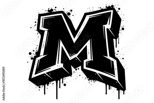 Bold graffiti style letter m with paint splatter and drips
