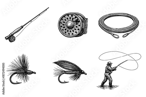 Vintage fishing gear collection: rods, reels, and flies in engraved style