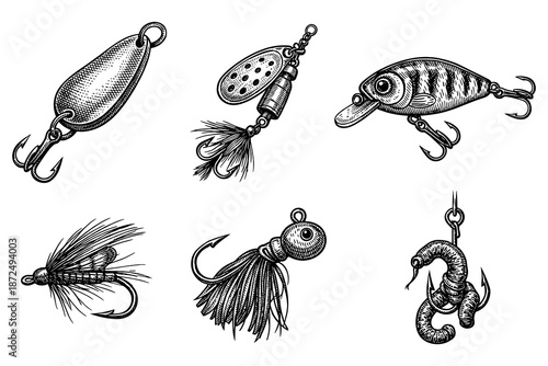 Vintage fishing lure collection with detailed black and white designs