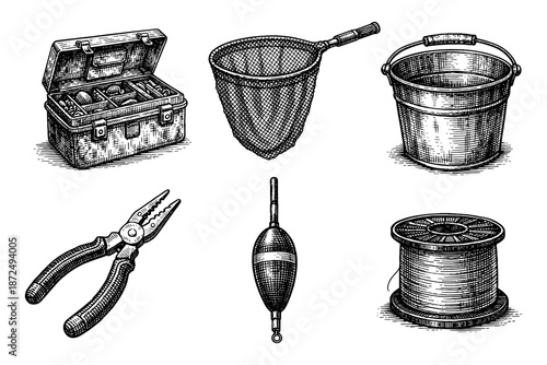 Detailed engravings of fishing essentials including tackle box and gear