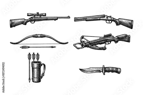 Vintage weapons collection featuring rifles, bows, and crossbows in detailed retro style