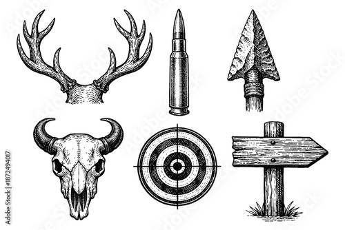 Vintage hunting elements: antlers, ammo, arrowhead, skull, target, signpost