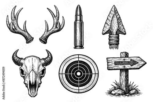 Hunting elements: antlers, skull, and nordic symbols in retro engraving style