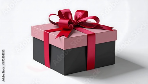 Elegant gift box with red ribbon and bow on white background
