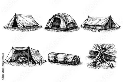 Vintage camping tents and gear set in hand drawn style