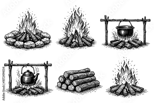 Rustic campfire and cooking set drawn in vintage style