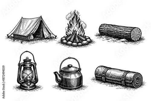 Vintage engraving style camping essentials: tent, campfire, lantern, kettle, sleeping bag, log