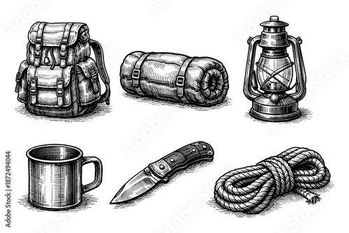 Vintage camping equipment: backpack, sleeping bag, lantern, mug, knife, and rope in retro style