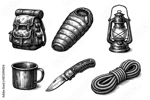 Vintage camping gear engraving: backpack, sleeping bag, lantern, mug, knife, rope