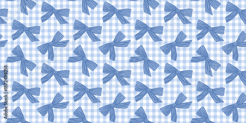 Coquette blue gingham seamless pattern with hand drawn bows. Cute print for wrapping paper, fabric and textile. Checkered background. Repeat wallpaper. Vector aesthetic illustration