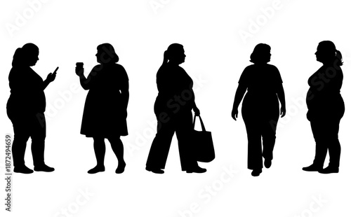 vector illustration. Silhouettes of overweight people. Big set of married couples.	