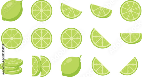 Lime fruit slices, whole and cut, citrus freshness, healthy food, green palette, flat vector illustration, tropical juicy design