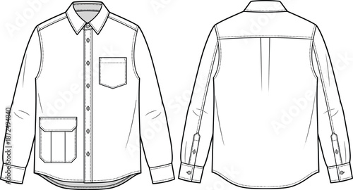 Long sleeve button-up shirt sketch, front and back view, flap and chest pockets, fashion design, flat vector illustration