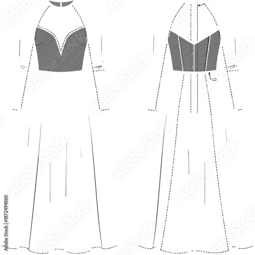 Long sleeve dress technical sketch, front and back view, sweetheart neckline, halter strap, fashion design, flat vector illustration