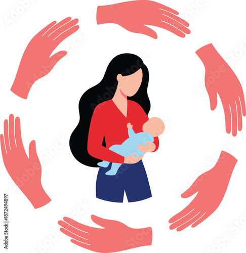 Mother holding baby illustration, surrounded by protective hands, parenting care concept, maternal support, flat vector illustration, family love