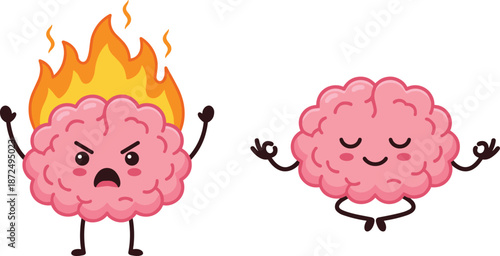 Stressed vs calm brain cartoon illustration, emotional contrast concept, mental health awareness, flat vector design, mindfulness graphic