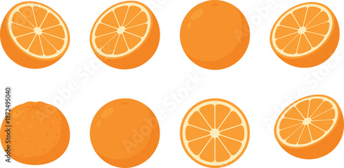 Stylized orange fruit illustration, whole and sliced citrus views, flat vector design, fresh food concept, healthy fruit graphic