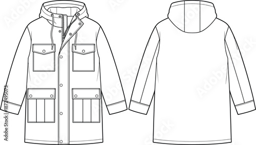 Hooded parka jacket sketch, front and back view, flap pockets and snap closure, flat vector illustration