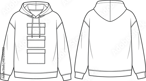  apparel template, clothing illustration, hooded sweatshirt technical sketch, front and back view hoodie, fashion garment construction drawing, drawstring hood illustration