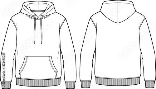 Hooded sweatshirt technical sketch, front and back view, drawstring hoodie, kangaroo pocket, garment design, flat vector illustration